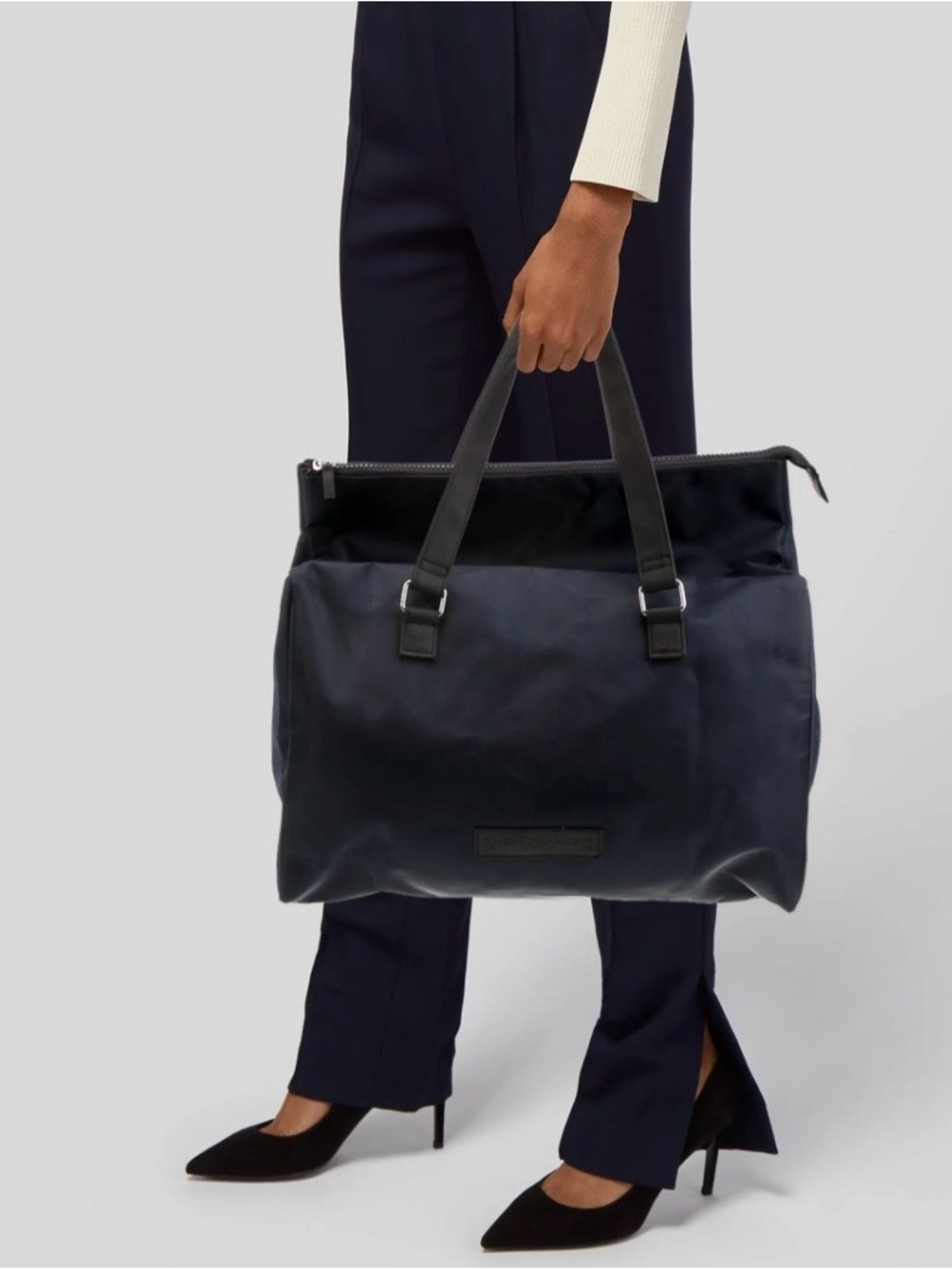 Issey Miyake Navy Nylon Travel Tote Bag Zip Top Leather Trim NWT Large Carryall